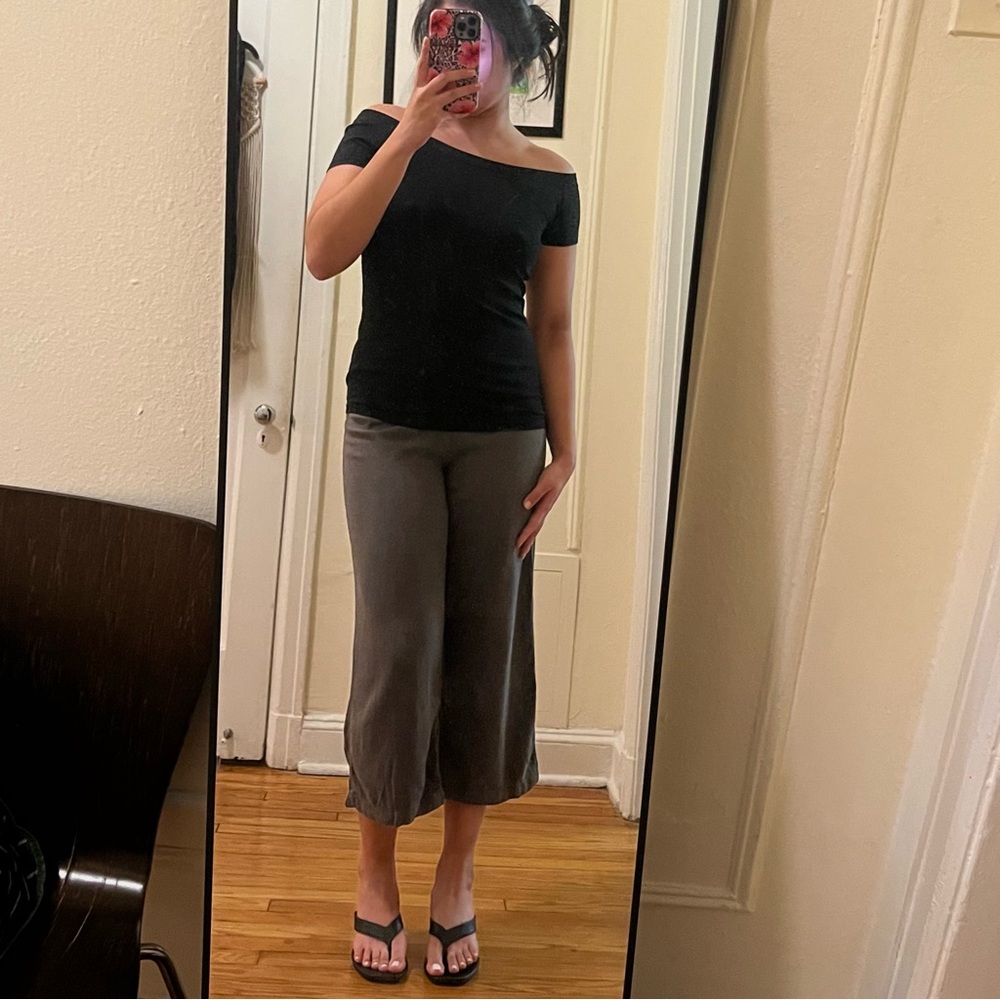 Y2K Wide Leg Capri Pants Flowy High Waisted Dark Green Midi Dressy Yoga Vacation